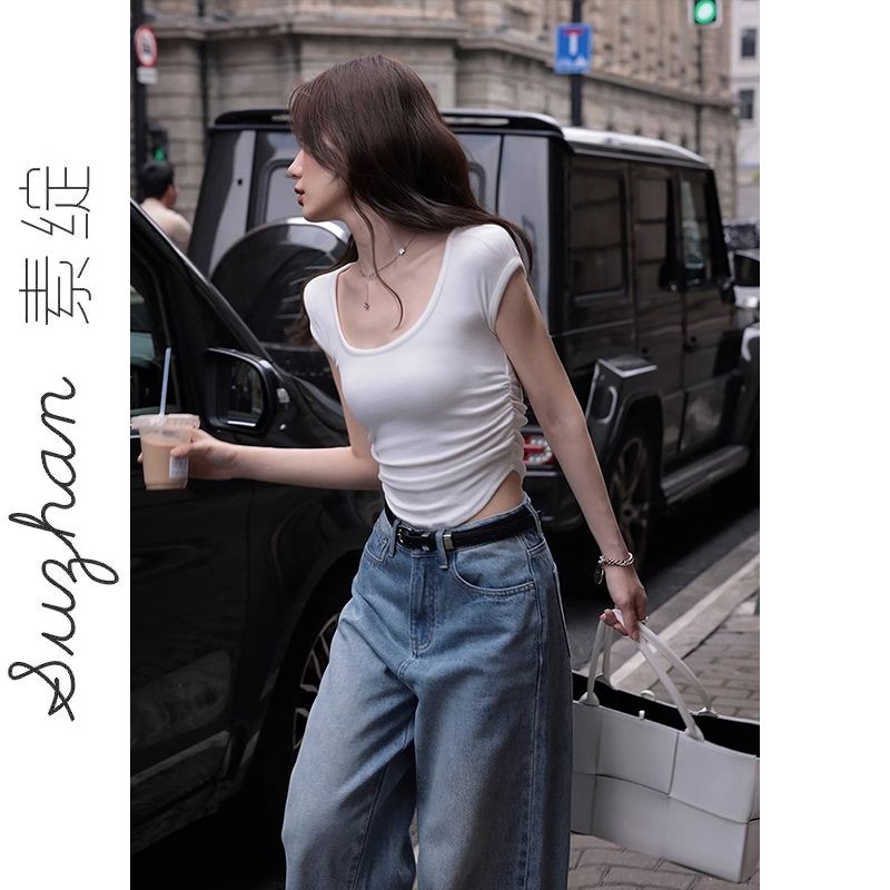 夏季新款百搭純色簡約百搭辣妹短款上衣女美式抽褶顯瘦正肩短袖潮