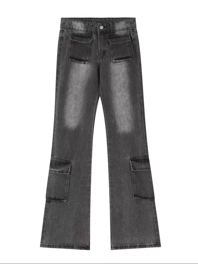 美式低腰微喇叭牛仔裤女秋季高街小众设计感直筒宽松显瘦工装长裤