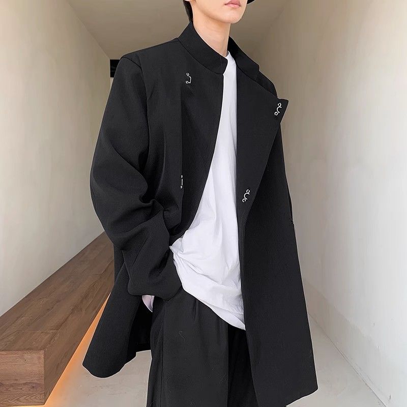 國潮中山裝男痞帥新中式西服外套高級感中長款社會黑立領行政夾克