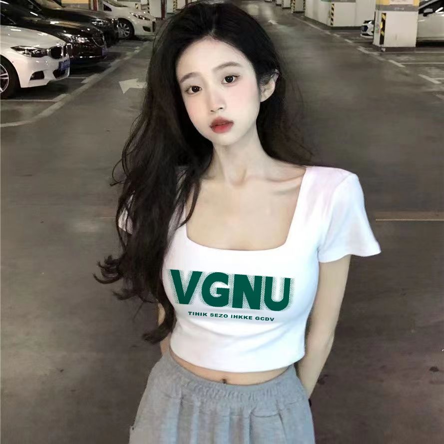 Summer high-waisted pure cotton short-sleeved T-shirt with navel-baring square collar hot girl short top slimming slim outer bottoming shirt ins