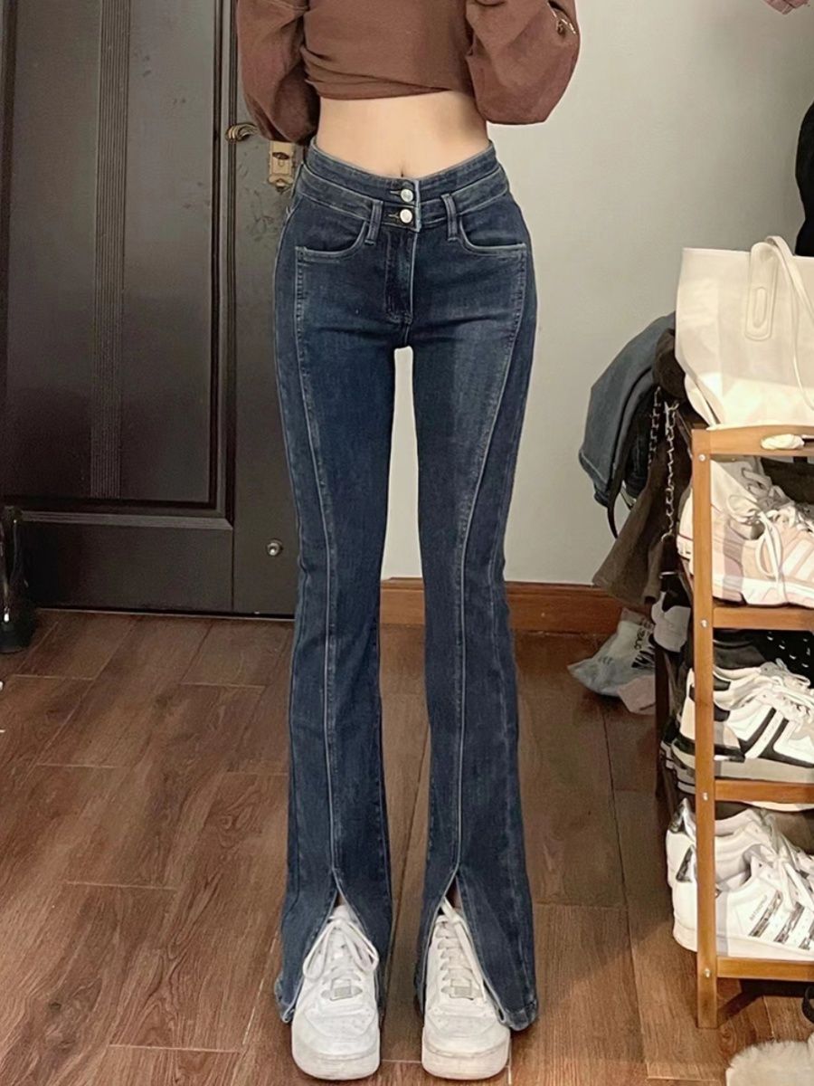 彈力開叉牛仔褲女直筒春秋新款修身顯瘦大碼胖mm高腰微喇闊腿褲子