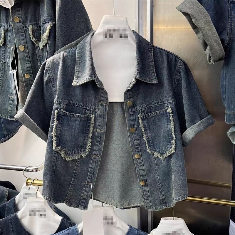 Denim shirt jacket women's Hong Kong style retro short-sleeved summer new design pocket personality raw edge short top