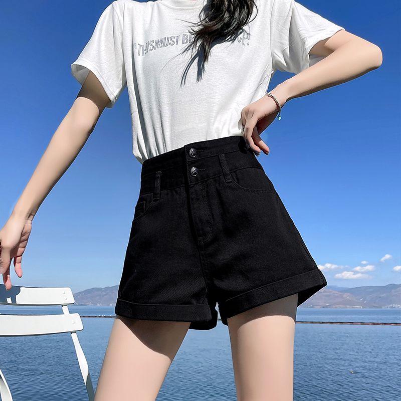 黑色高腰牛仔短褲女2023年夏季新款寬鬆闊腿翻卷邊小個子A字熱褲