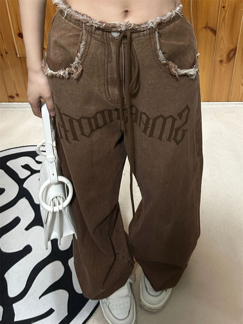 美式復古漸變色抽繩直筒牛仔褲女春秋ins潮毛邊高腰大碼闊腿長褲