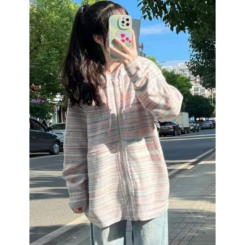 Colorful patchwork striped sweater for women 2023 spring and autumn new design niche lazy style knitted cardigan jacket