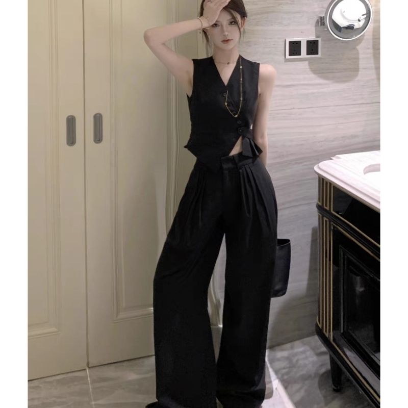 Korean-style western-style suit fashionable and thin irregular vest vest + wide-leg suit pants a complete set of two-piece suits for women