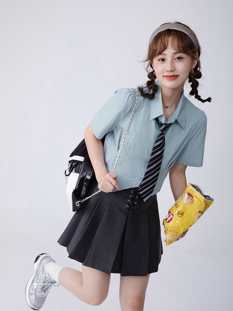 短款襯衫女潮夏季新款polo領襯衣女顯瘦上衣新款韓版學院風小個子