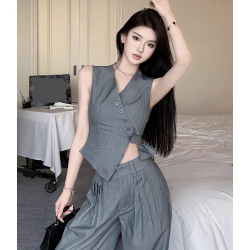 Korean-style western-style suit fashionable and thin irregular vest vest + wide-leg suit pants a complete set of two-piece suits for women