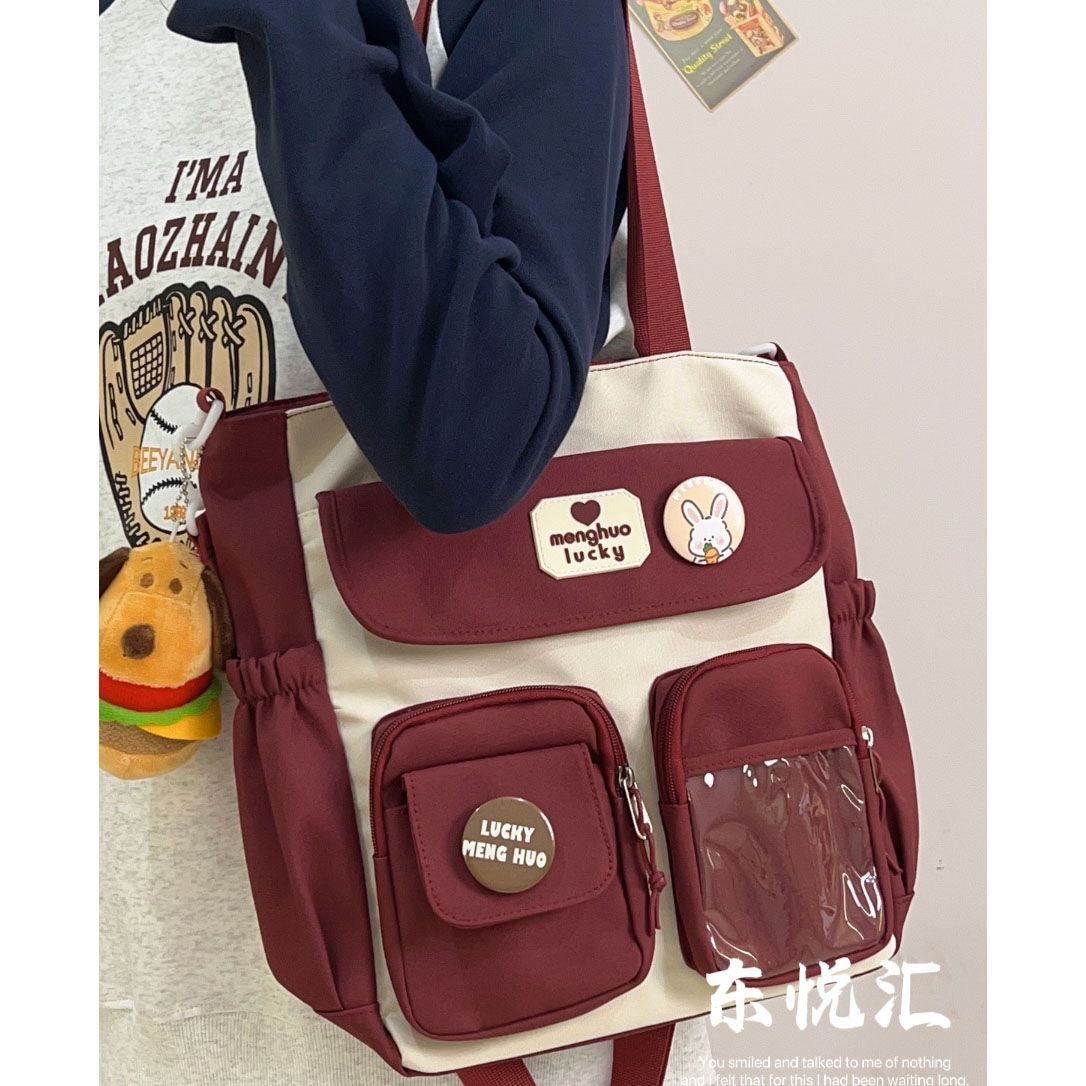 復古撞色大容量單肩包簡約百搭軟妹少女斜挎包學生上課通勤托特包
