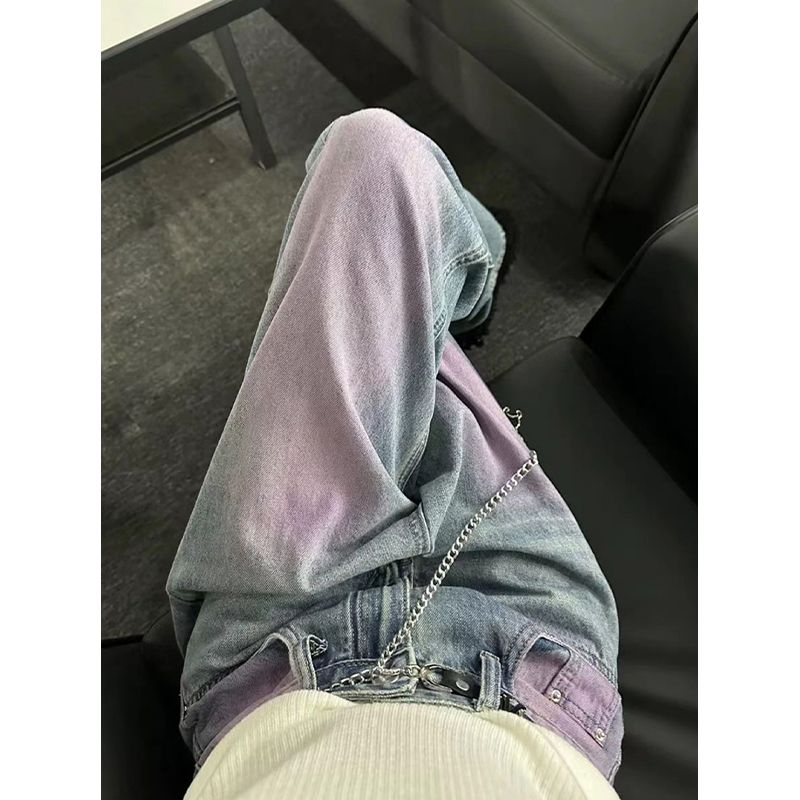 美式復古寬鬆闊腿牛仔褲女2023年春秋新款設計感高街顯瘦直筒褲子