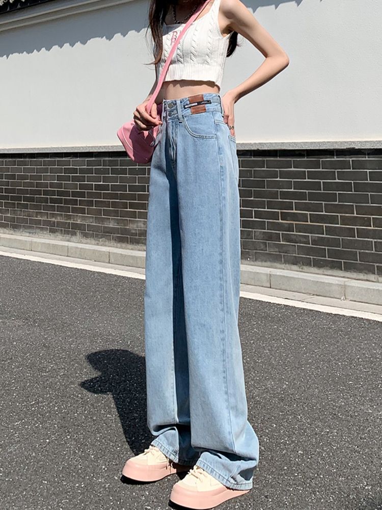YSYOURS淺色高腰牛仔褲女夏季薄款寬鬆顯瘦百搭大碼直筒闊腿長褲