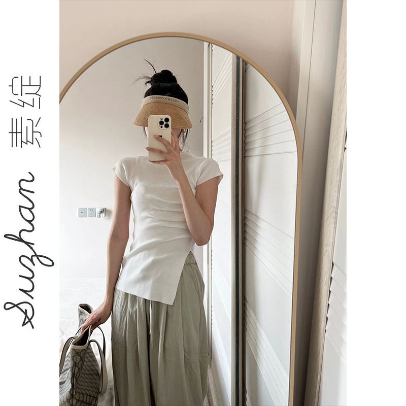 氣質修身半高領短袖針織衫女裝新款顯瘦褶皺開叉設計感辣妹上衣服