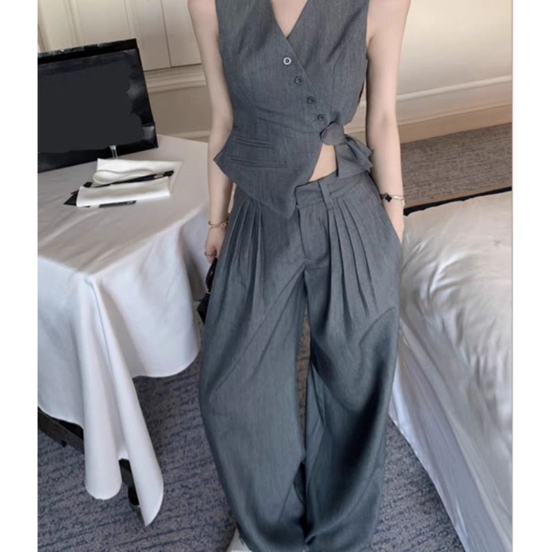 Korean-style western-style suit fashionable and thin irregular vest vest + wide-leg suit pants a complete set of two-piece suits for women