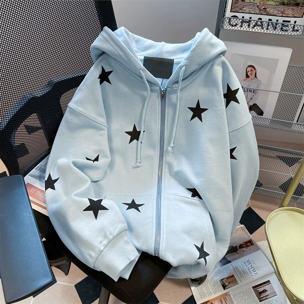 美式hiphop星星滿印連帽大碼衛衣女秋冬休閒國潮拉鏈開衫ins外套