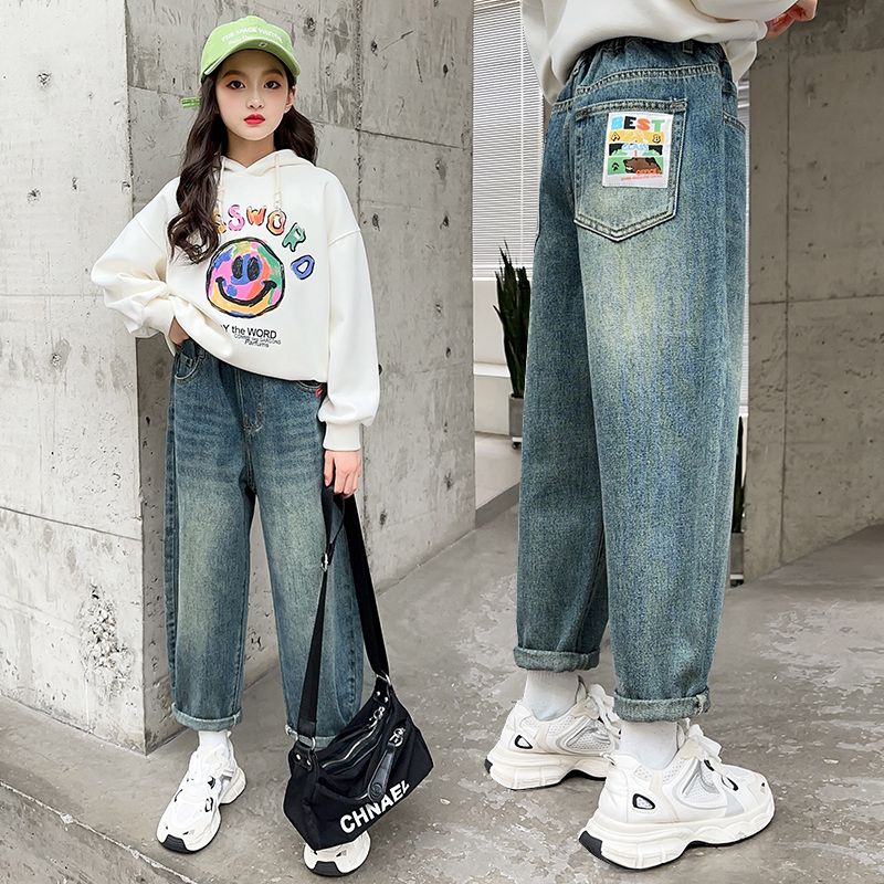 女童秋裝牛仔褲2023新款兒童中大童春秋韓版洋氣寬鬆休閒褲子外穿