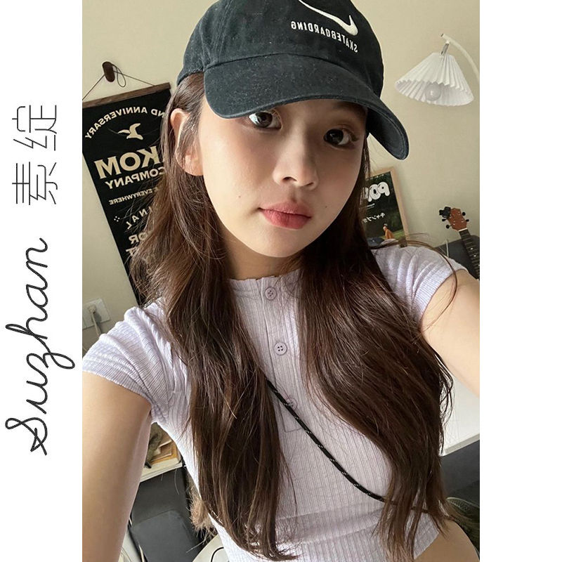 法式甜辣妹紫色短款設計感紐扣上衣女新款韓版顯瘦純欲風露臍t恤