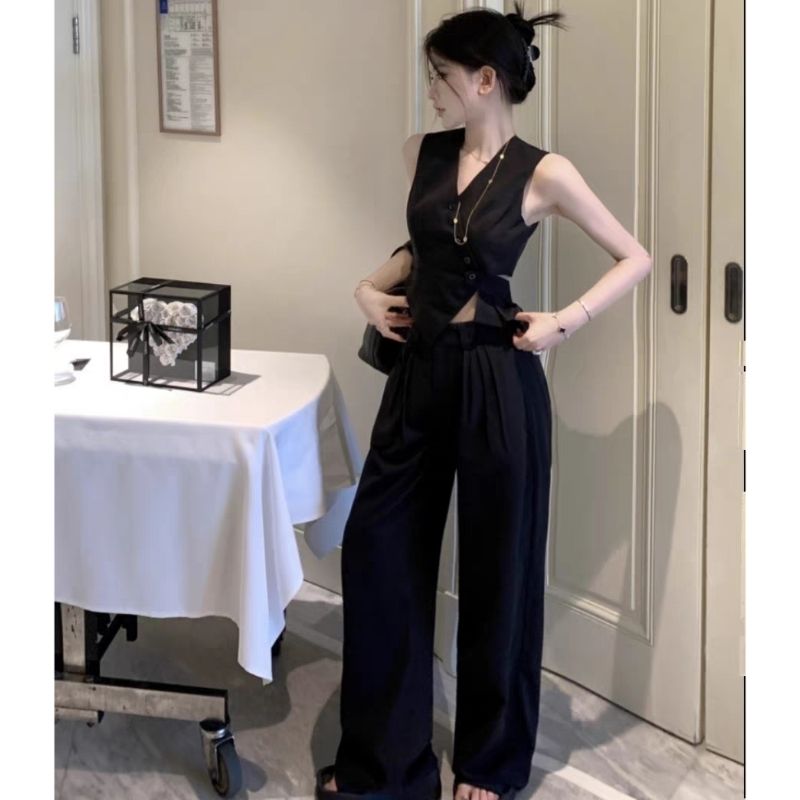 Korean-style western-style suit fashionable and thin irregular vest vest + wide-leg suit pants a complete set of two-piece suits for women