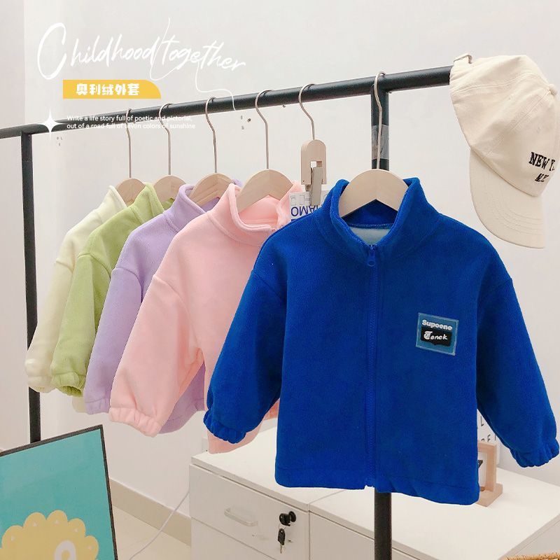 Children's Ollie velvet jackets for boys and girls, spring and autumn fleece tops, children's clothing, medium and large children's winter granular velvet outer wear