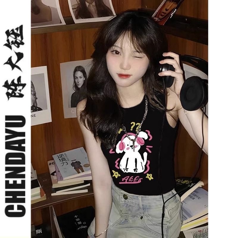 陳大鈺甜酷妹短款工字小背心女美式復古黑色顯瘦印花聽歌小狗上衣