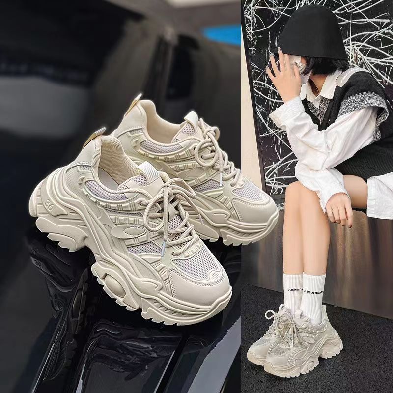 厚底網面透氣小白鞋女2023春秋季新款韓版百搭老爹鞋小個子運動鞋