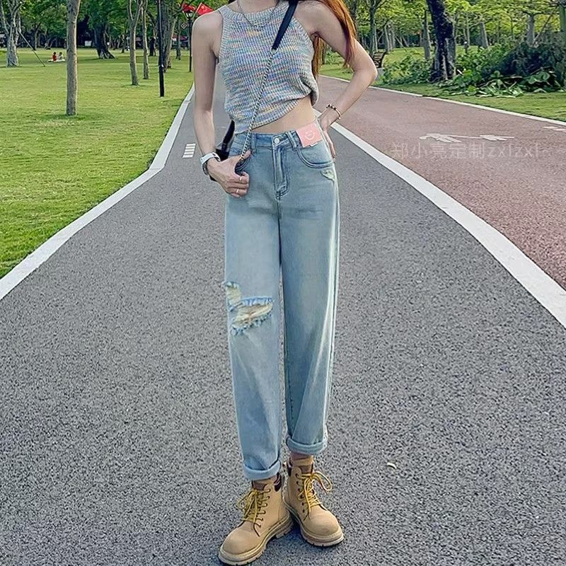 直筒破洞牛仔褲女2023新款夏季薄款高腰復古寬鬆顯瘦設計感老爹褲