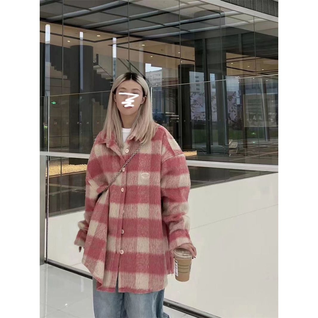 小香風粉色格子毛呢外套女秋冬季新款美式寬鬆設計感小眾加厚上衣