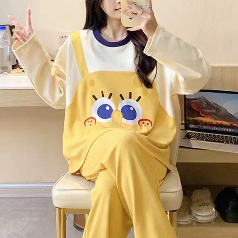 睡衣女春秋季長袖甜美可愛套裝冬天可外穿海綿寶寶軟妹ins家居服