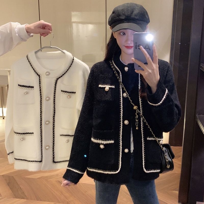 名媛小香風外套新款外穿秋冬長袖短款毛衣女外套開衫仿貂絨針織衫