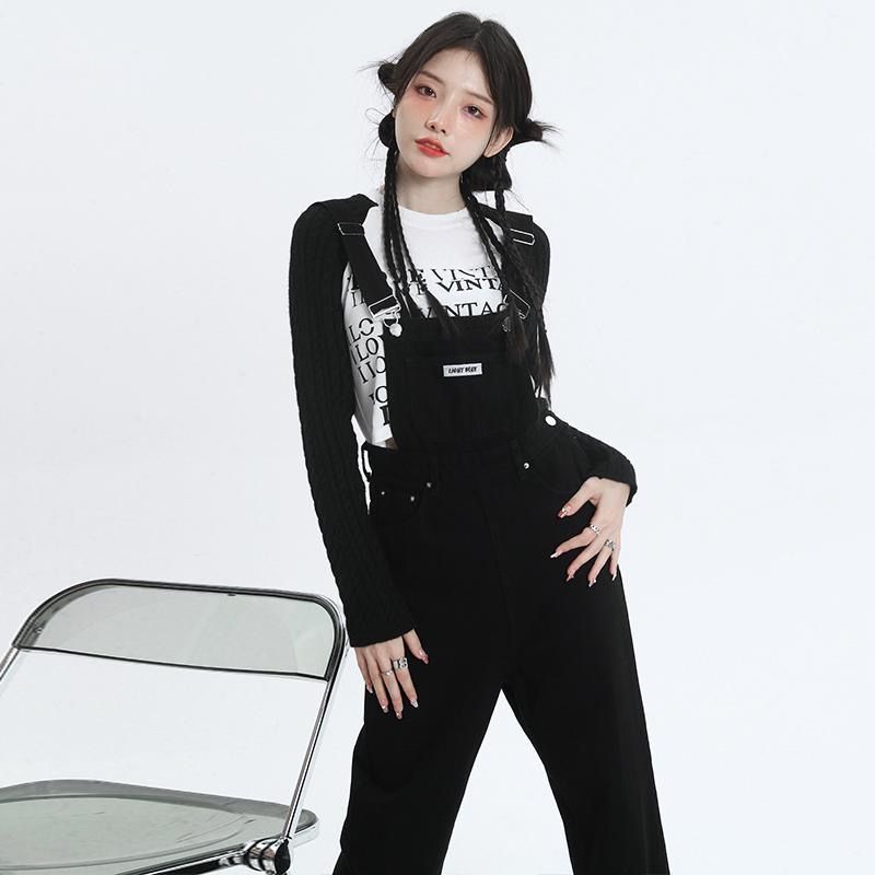 Salt black high-waisted denim overalls for women  spring and autumn new loose and versatile age-reducing wide-leg jumpsuits