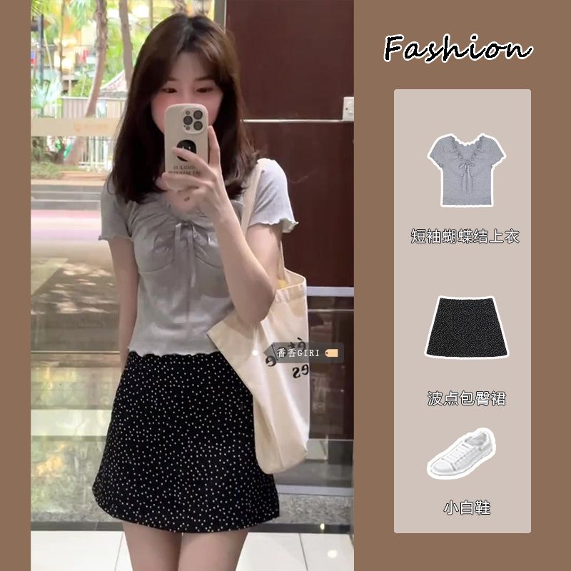 溫柔風蝴蝶結短袖上衣套裝女夏季木耳邊顯瘦t恤衫辣妹波點半身裙