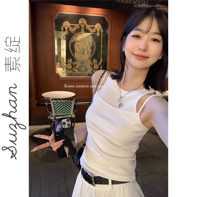 美式吊帶假兩件設計感小個字外穿顯瘦純欲風上衣白色外穿百搭背心