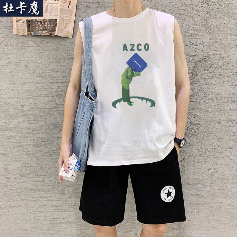 夏季新款純棉無袖坎肩T恤男高街潮牌寬鬆青少年美式大碼背心汗衫