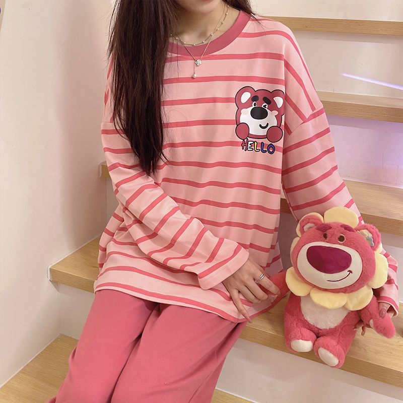 草莓熊睡衣女春秋新款長袖ins日系條紋兩件套裝冬天可外穿家居服