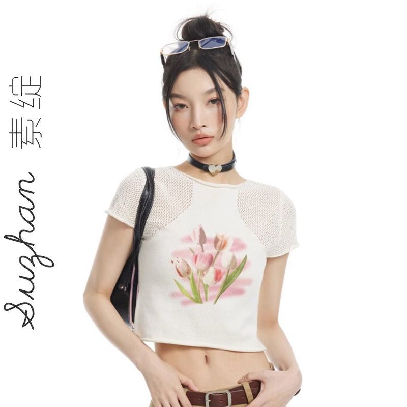可鹽可甜網紗拼接印花外穿正肩短袖t恤女夏季辣妹短款鏤空上衣服