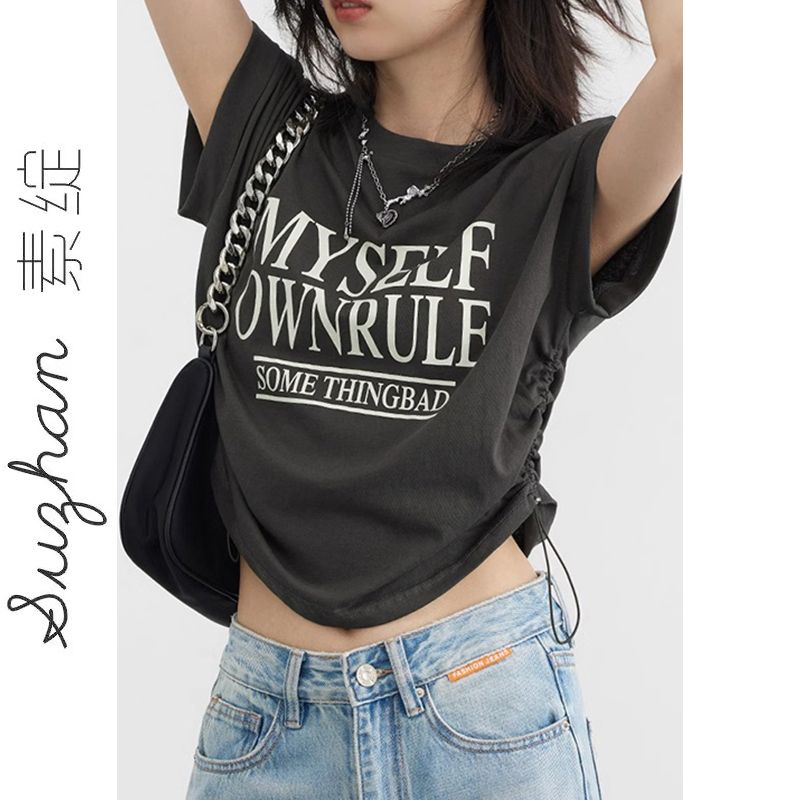 深灰色字母印花正肩短款t恤夏季薄款抽褶顯瘦設計感別致百搭上衣