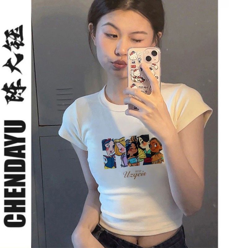 陳大鈺小清新純欲美式甜辣圓領短款t恤女短袖動漫印花體恤上衣ins