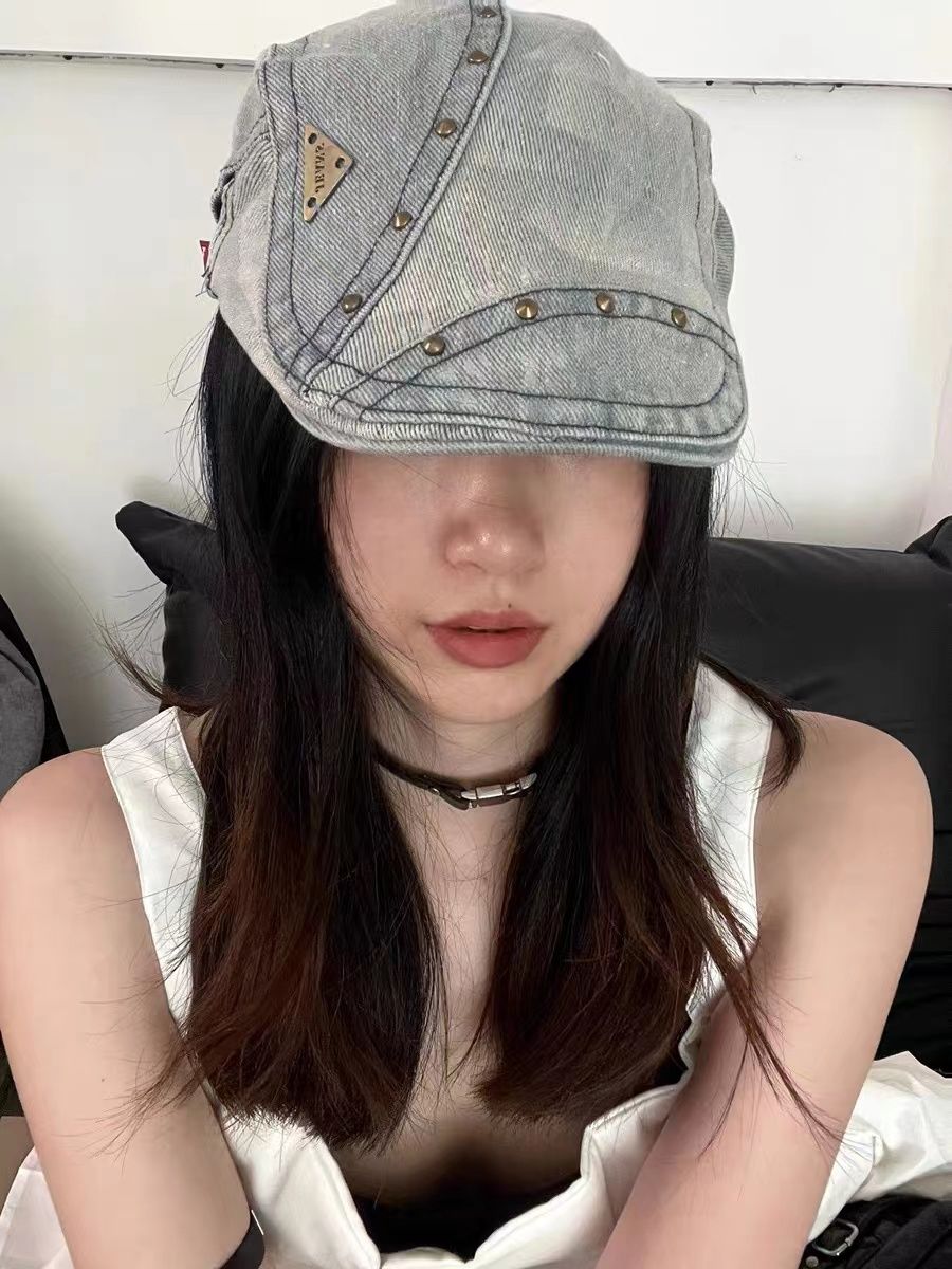 Trendy rivet denim forward hat female y2k subculture big head circumference British style thin section face small beret