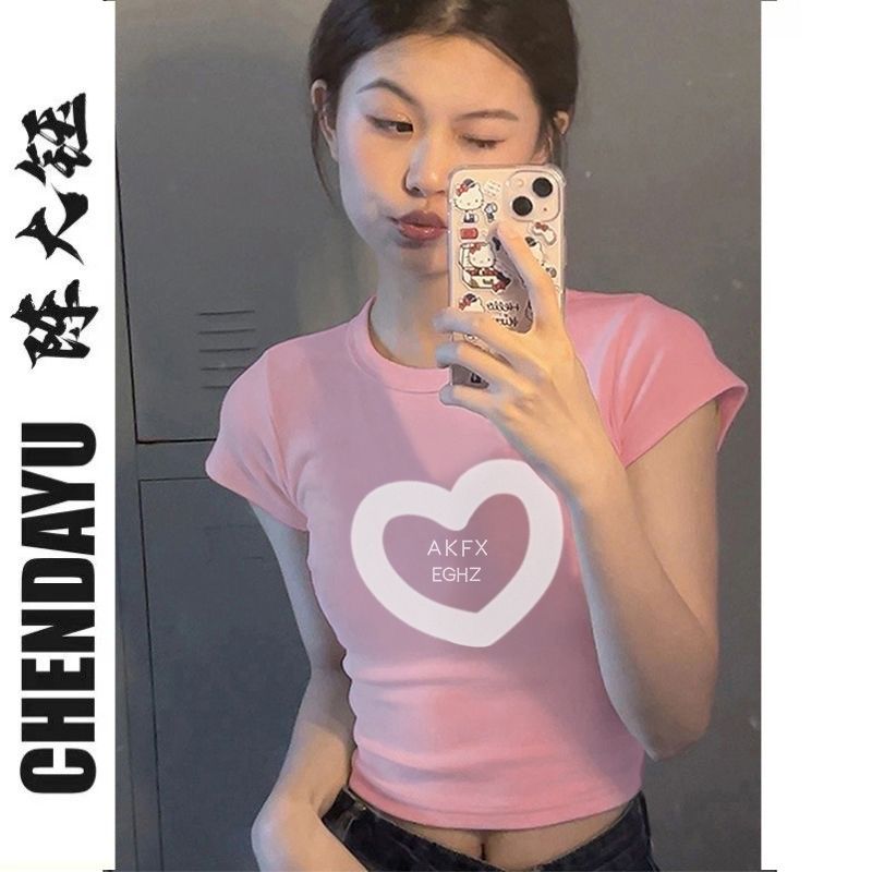 陳大鈺2023夏季新款美式甜辣圓領短款t恤女短袖印花愛心字母上衣