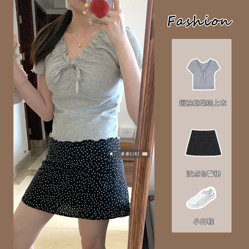 純欲風修身短款蝴蝶結上衣套裝女夏季高腰包臀短裙辣妹波點半身裙