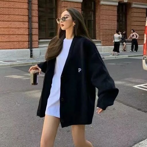 中長款寬鬆慵懶風針織女開衫秋冬新款v領時尚百搭毛衣女外套上衣