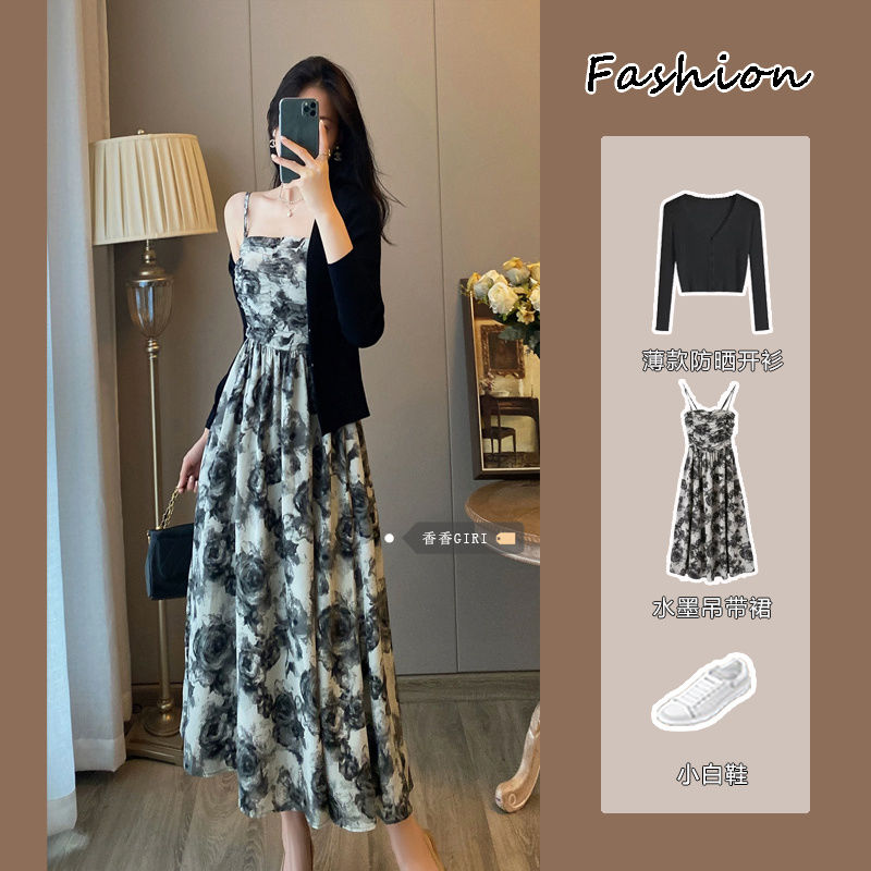 純欲風薄款防曬開衫套裝女夏季乾枯玫瑰碎花吊帶裙港風收腰連衣裙