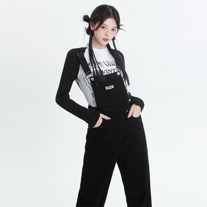 Salt black high-waisted denim overalls for women  spring and autumn new loose and versatile age-reducing wide-leg jumpsuits