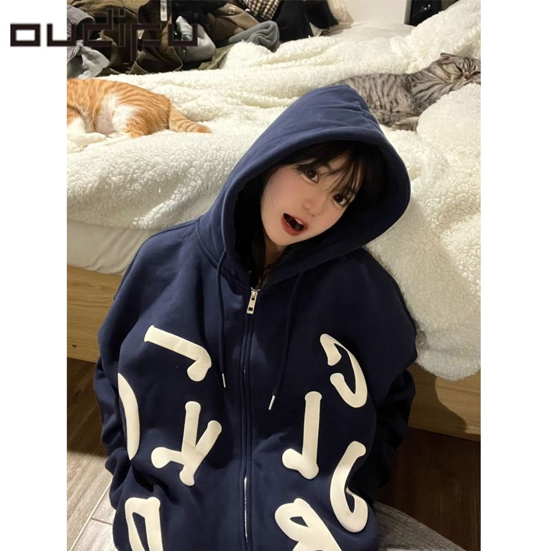 OUDIFU慵懶風寬鬆連帽衛衣外套女秋冬新款潮ins短款百搭長袖上衣