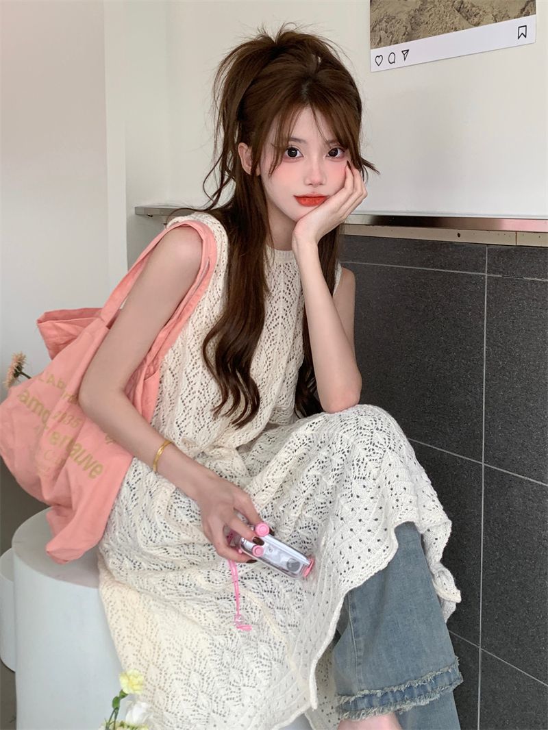 夏季2023新款小個子開叉鏤空疊穿針織裙子女裝氣質度假背心連衣裙