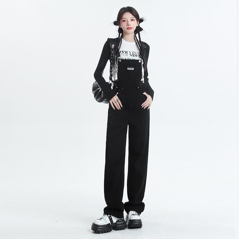 Salt black high-waisted denim overalls for women  spring and autumn new loose and versatile age-reducing wide-leg jumpsuits