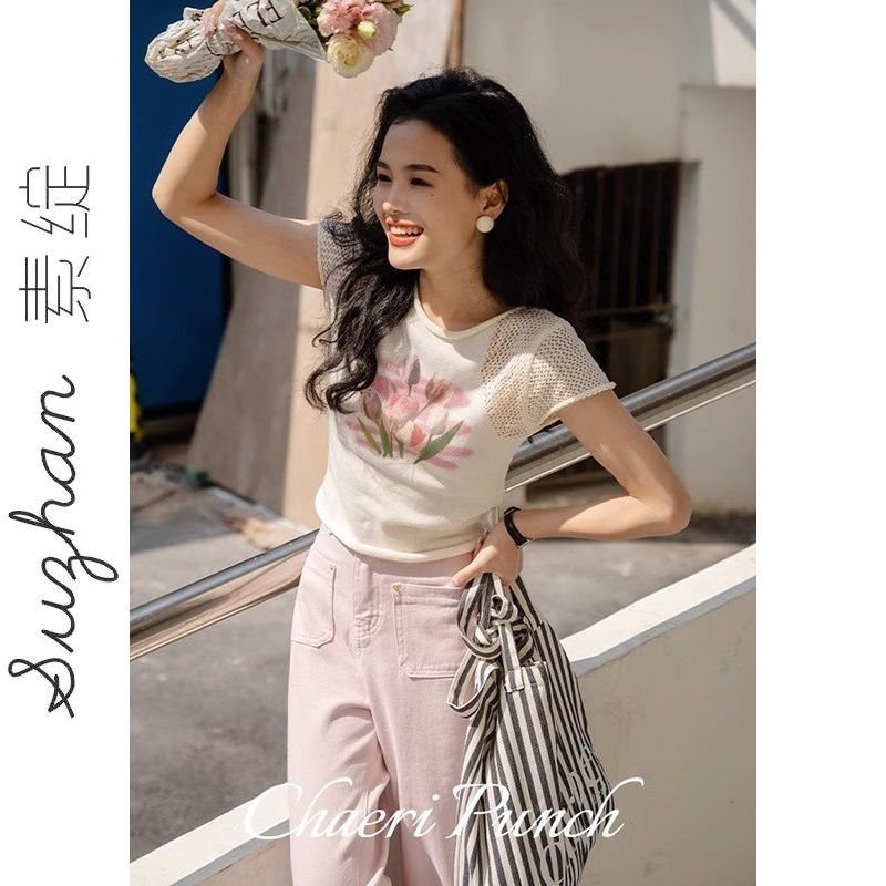 韓版純欲風花朵印花拼接網紗針織上衣女夏季休閒外穿短款短袖t恤