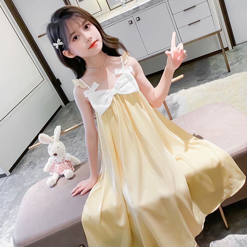 Girls suspender skirt pajamas children girls nightgown ice silk medium and large children 2023 new princess home skirt air-conditioned clothing