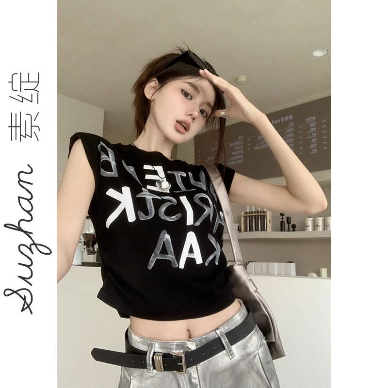 純欲風新款辣妹同款字母塗鴉印花飛飛袖上衣女時尚顯瘦百搭短袖潮