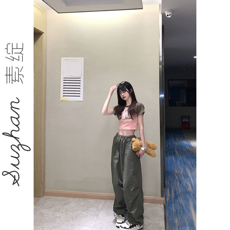 純棉撞色拼接插肩袖兔子印花上衣女夏季新款甜美學院風短款短袖潮