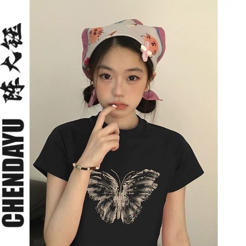 陳大鈺黑色圓領短款t恤女短袖性感夏裝新款蝴蝶印花體恤上衣韓版